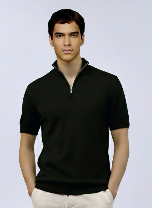 Quarter zip M Thin knit Wool blend -Short sleeve- Black