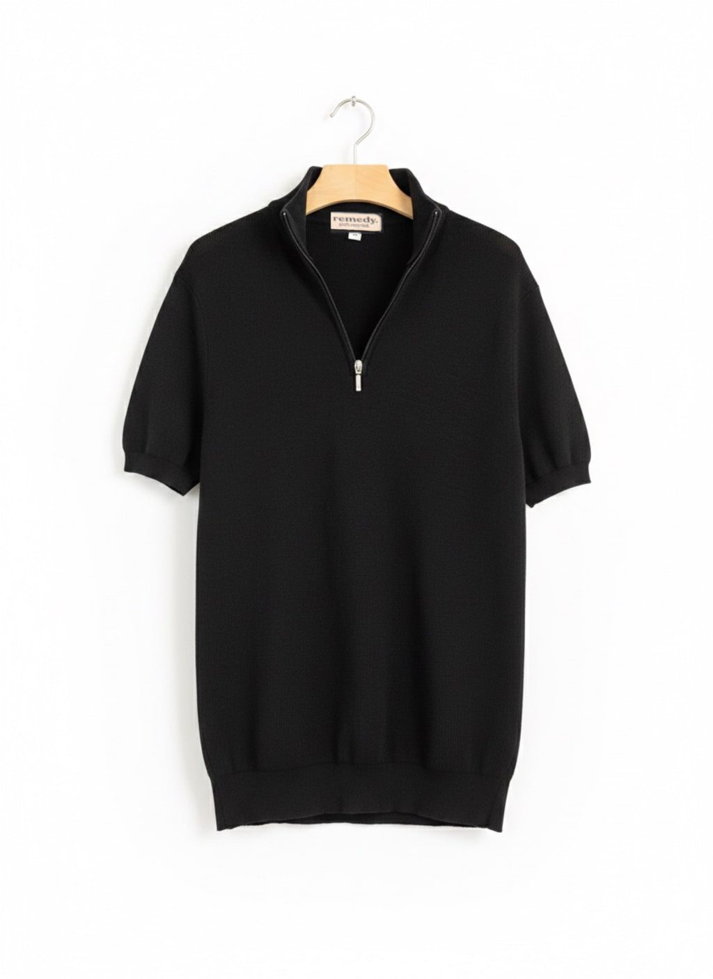 Quarter zip M Thin knit Wool blend -Short sleeve- Black