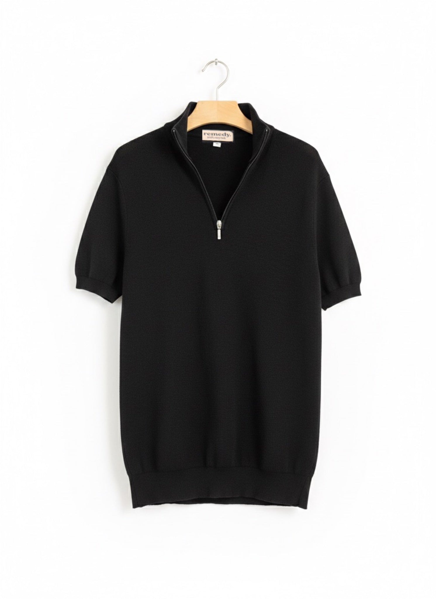 Quarter zip M Thin knit Wool blend -Short sleeve- Black