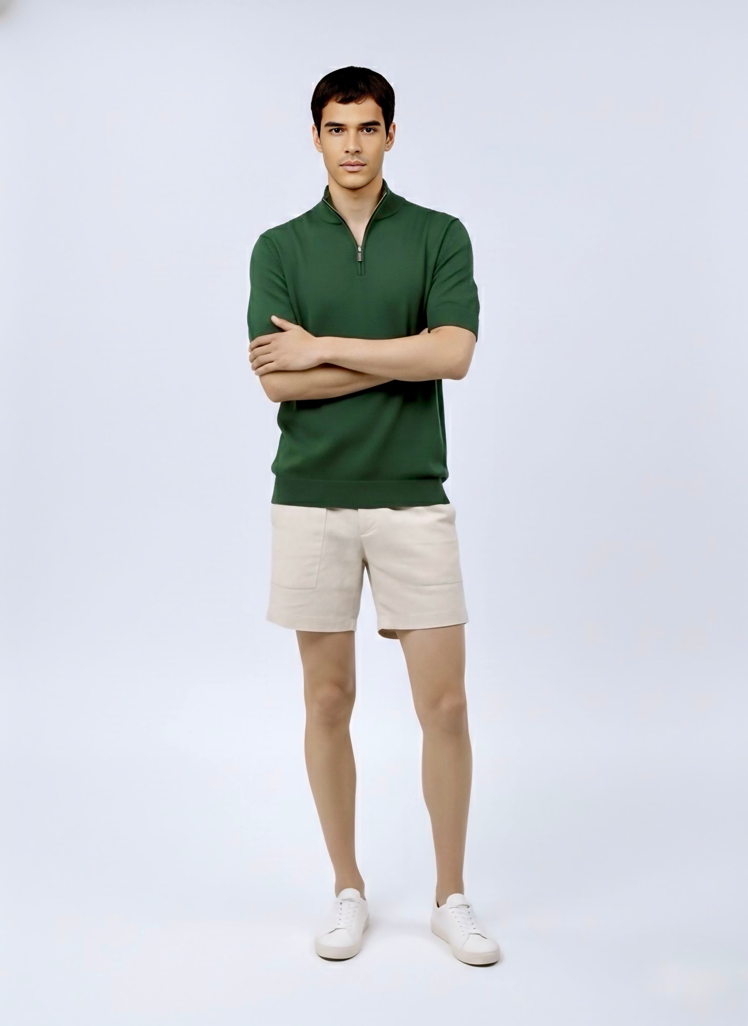 Quarter zip M Thin knit Wool blend -Short sleeve- Dial Green