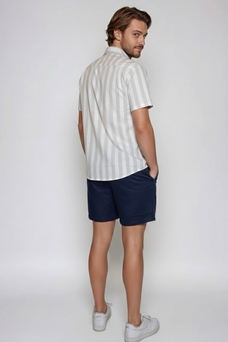 Beige Stripe Short-Sleeve Linen Shirt