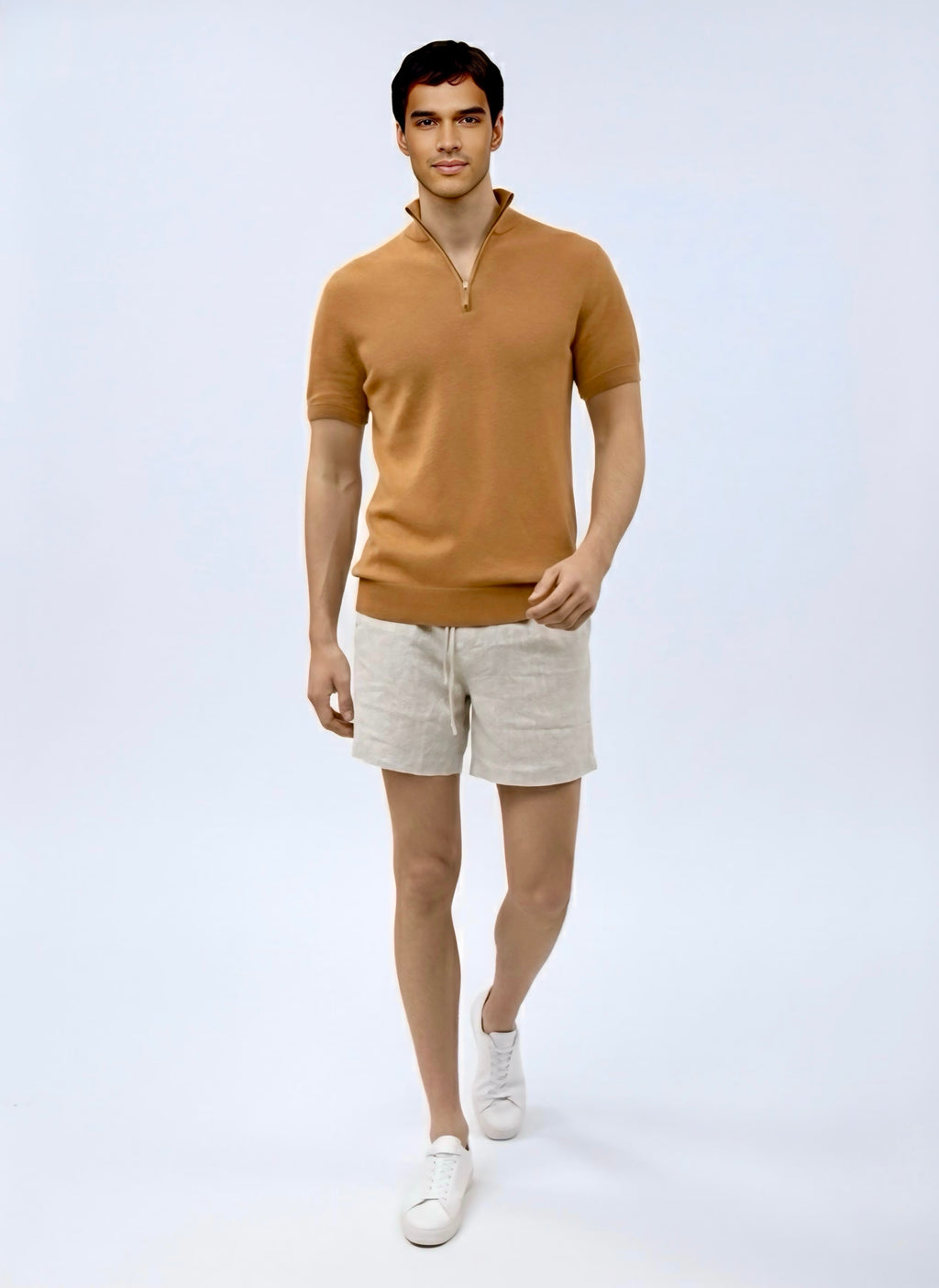 Quarter zip M Thin knit Wool blend -Short sleeve- Camel