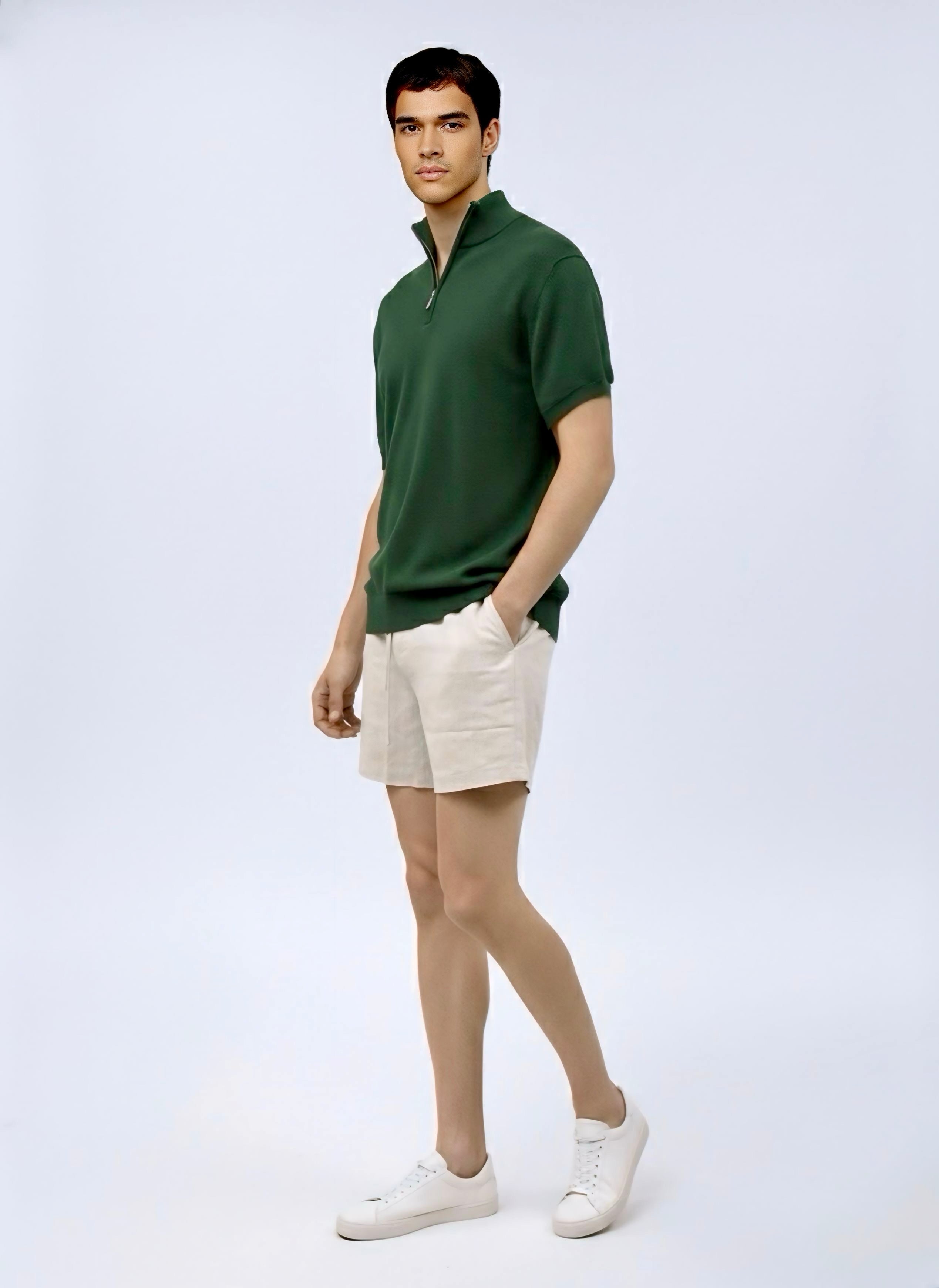 Quarter zip M Thin knit Wool blend -Short sleeve- Dial Green