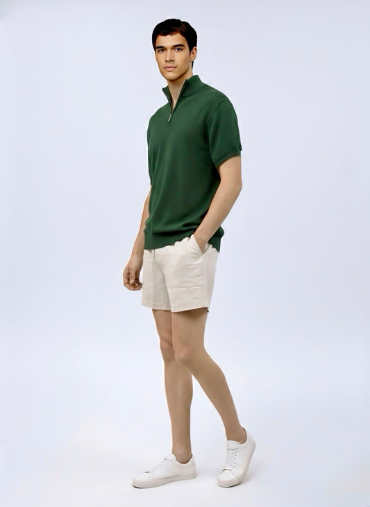 Quarter zip M Thin knit Wool blend -Short sleeve- Dial Green