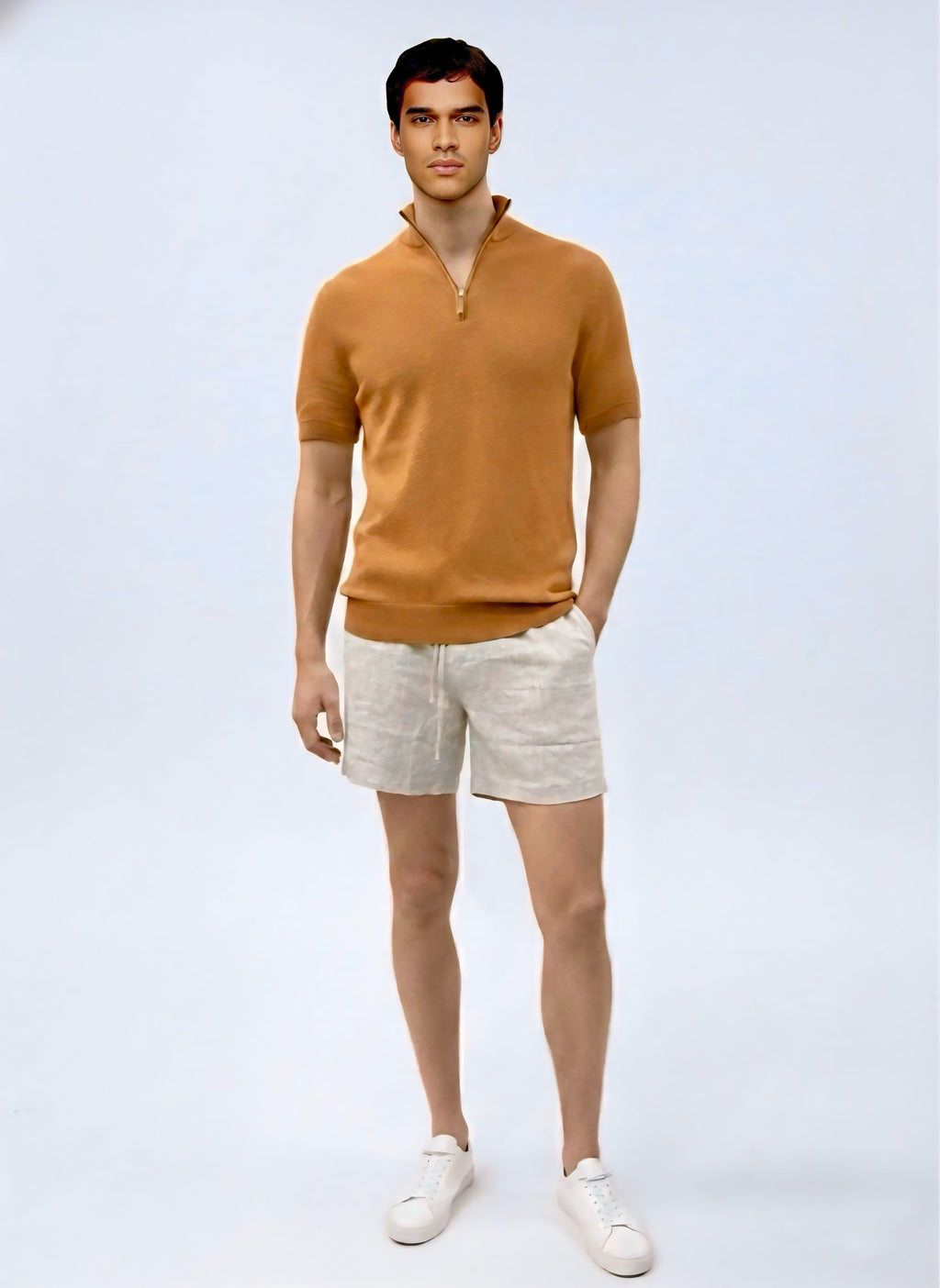 Quarter zip M Thin knit Wool blend -Short sleeve- Camel