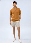 Quarter zip M Thin knit Wool blend -Short sleeve- Camel