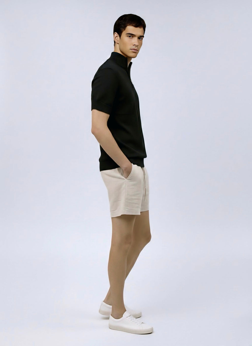 Quarter zip M Thin knit Wool blend -Short sleeve- Black