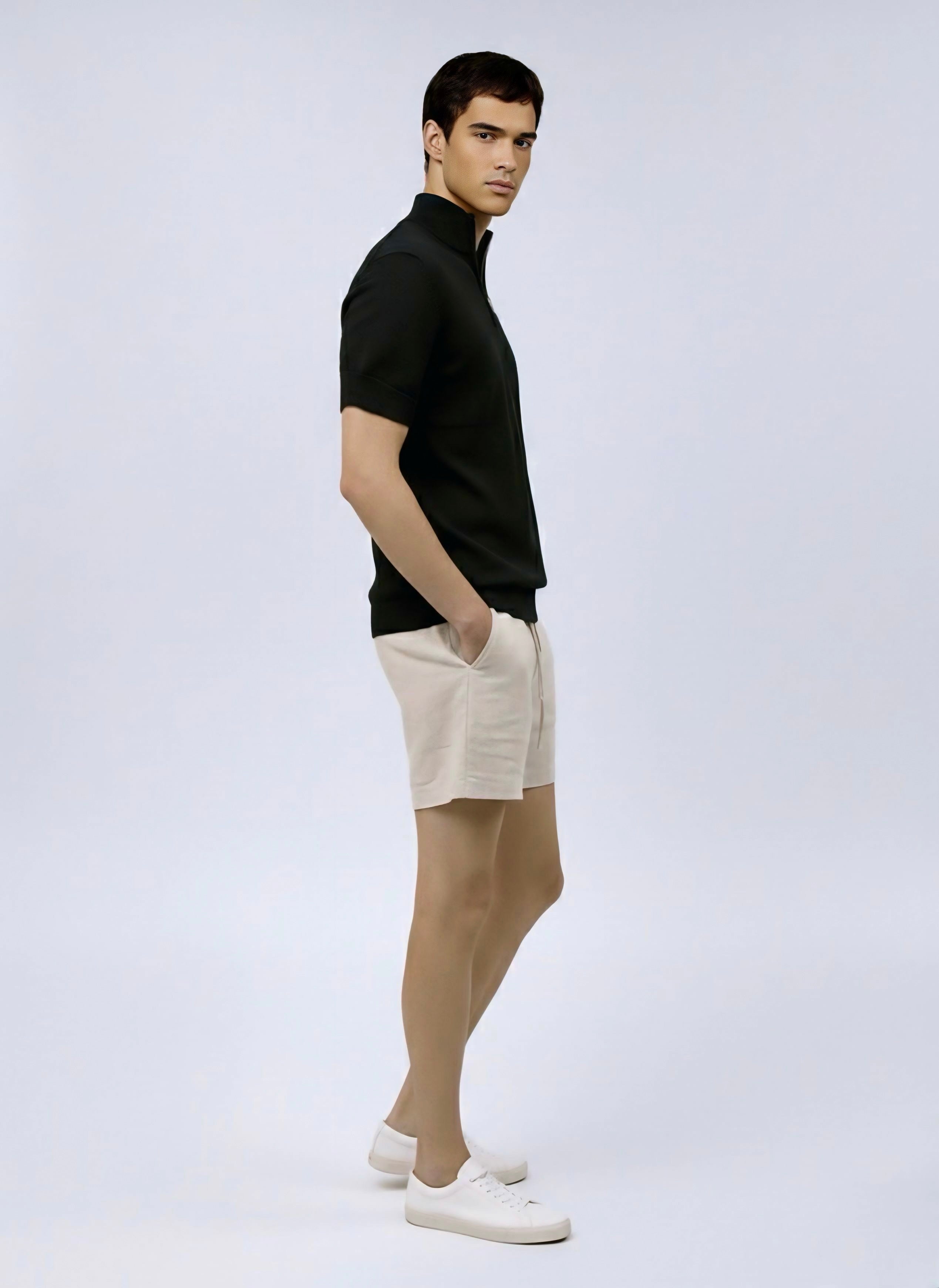 Quarter zip M Thin knit Wool blend -Short sleeve- Black