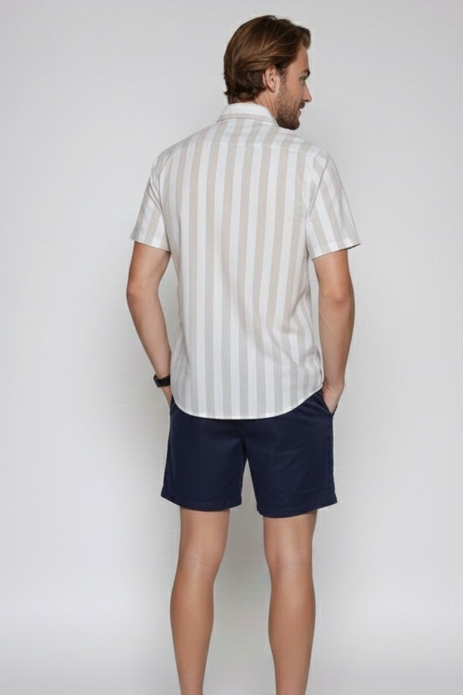 Beige Stripe Short-Sleeve Linen Shirt