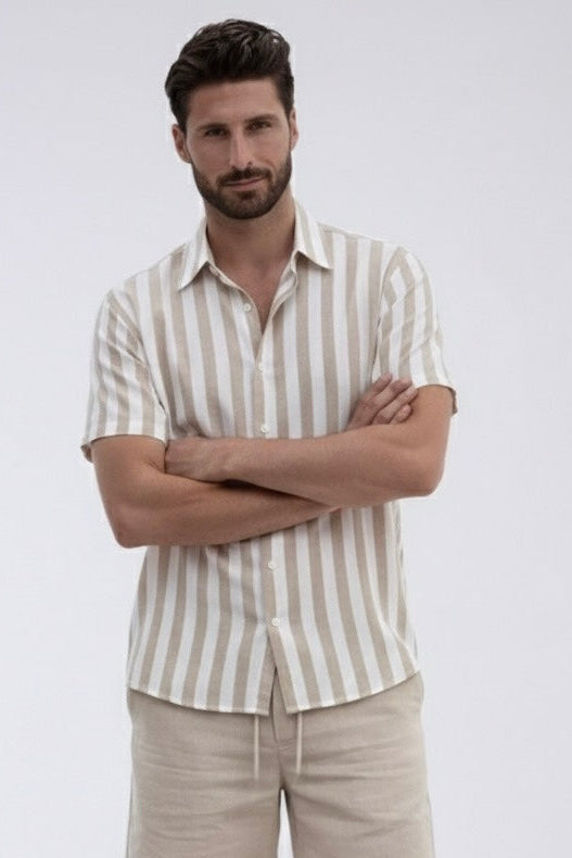 Beige Stripe Short-Sleeve Linen Shirt