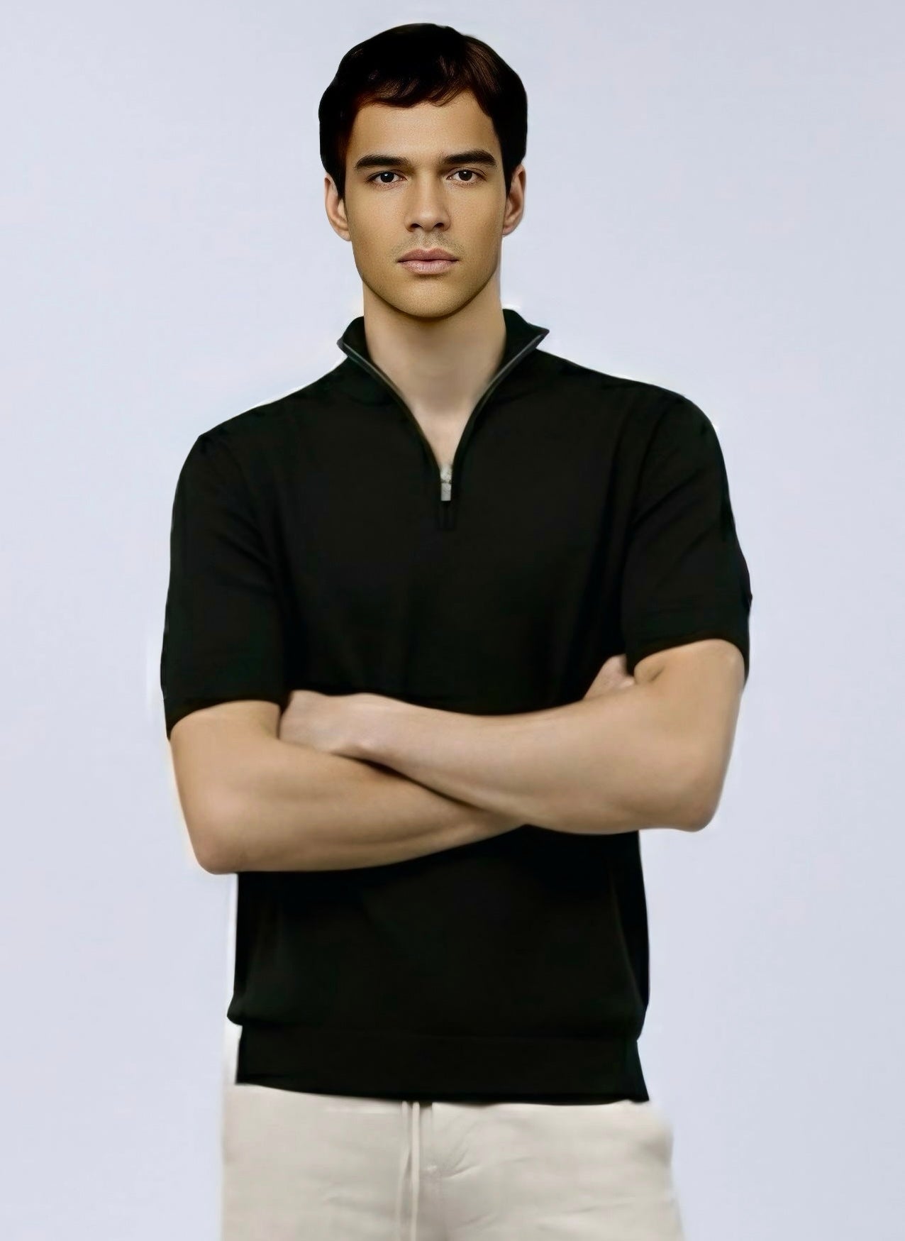 Quarter zip M Thin knit Wool blend -Short sleeve- Black