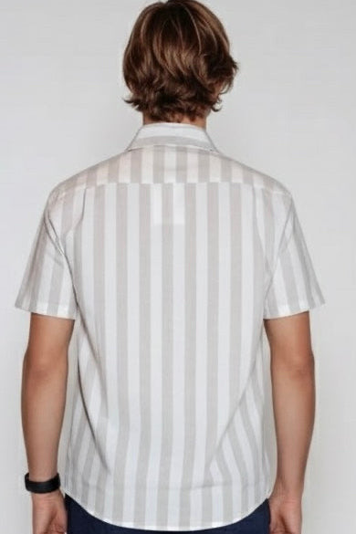 Beige Stripe Short-Sleeve Linen Shirt