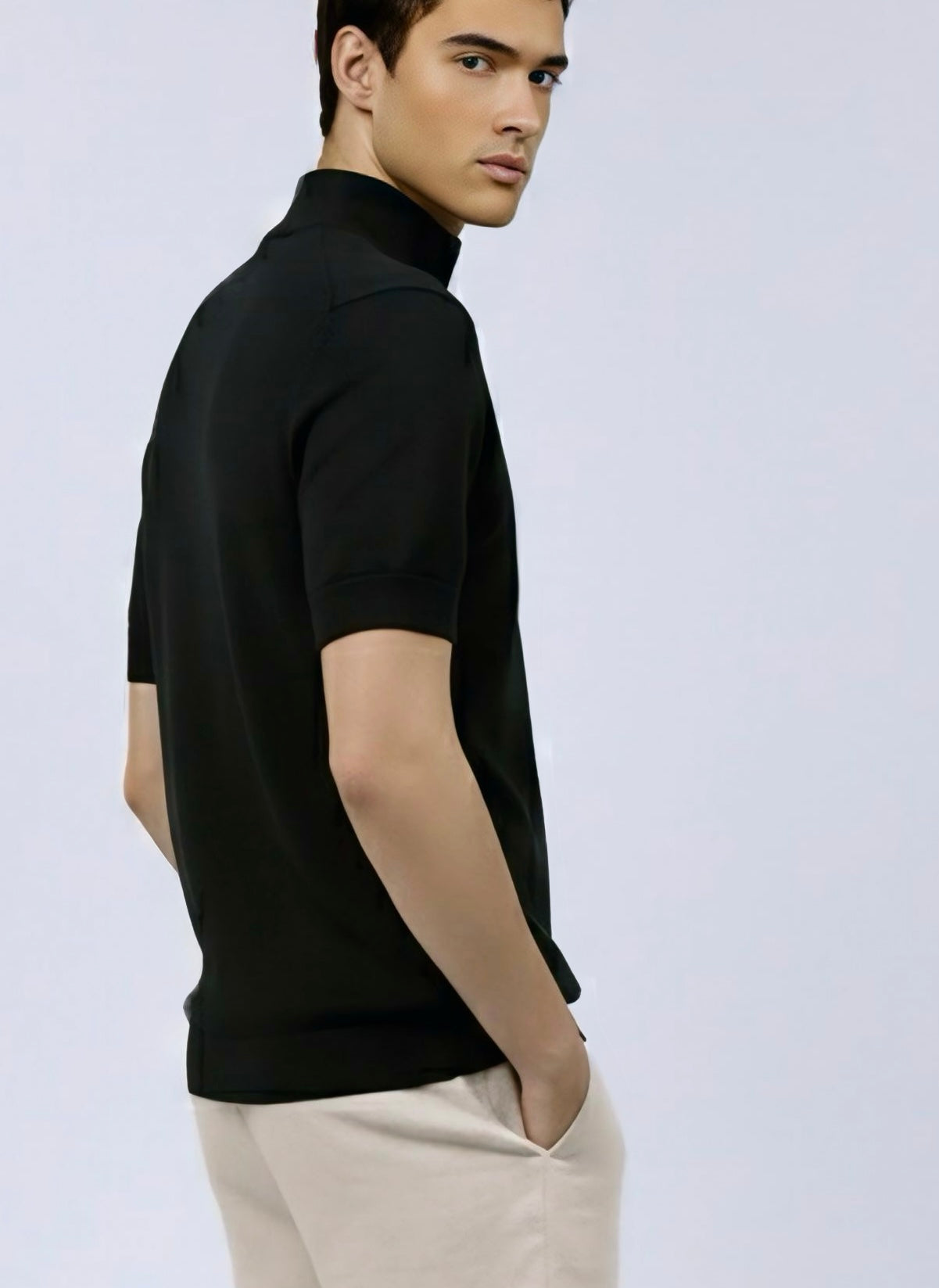 Quarter zip M Thin knit Wool blend -Short sleeve- Black