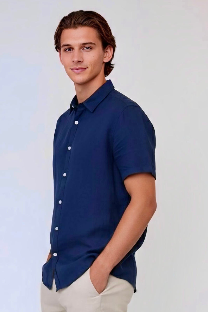 Short-Sleeve Linen Shirt - Navy