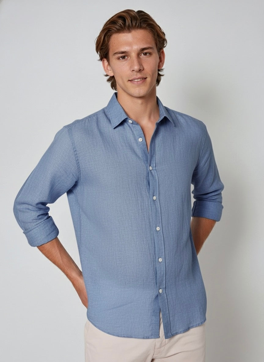 Long-Sleeve Linen Shirt -Light Blue