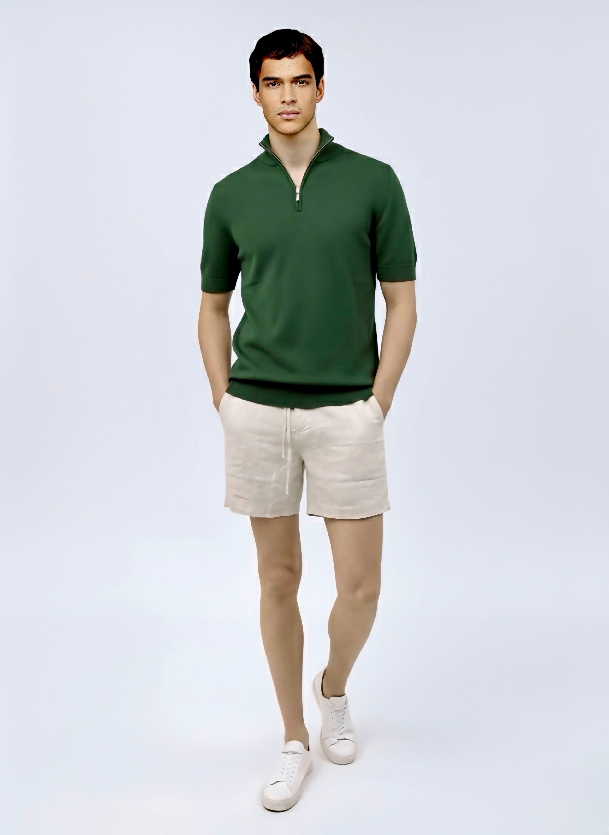 Quarter zip M Thin knit Wool blend -Short sleeve- Dial Green