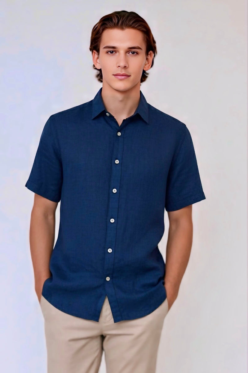 Short-Sleeve Linen Shirt - Navy