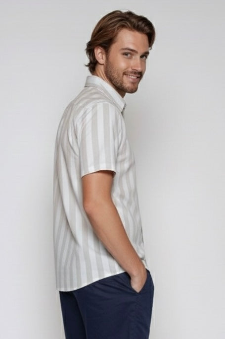 Beige Stripe Short-Sleeve Linen Shirt