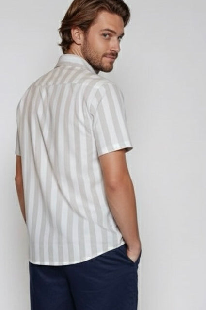 Beige Stripe Short-Sleeve Linen Shirt