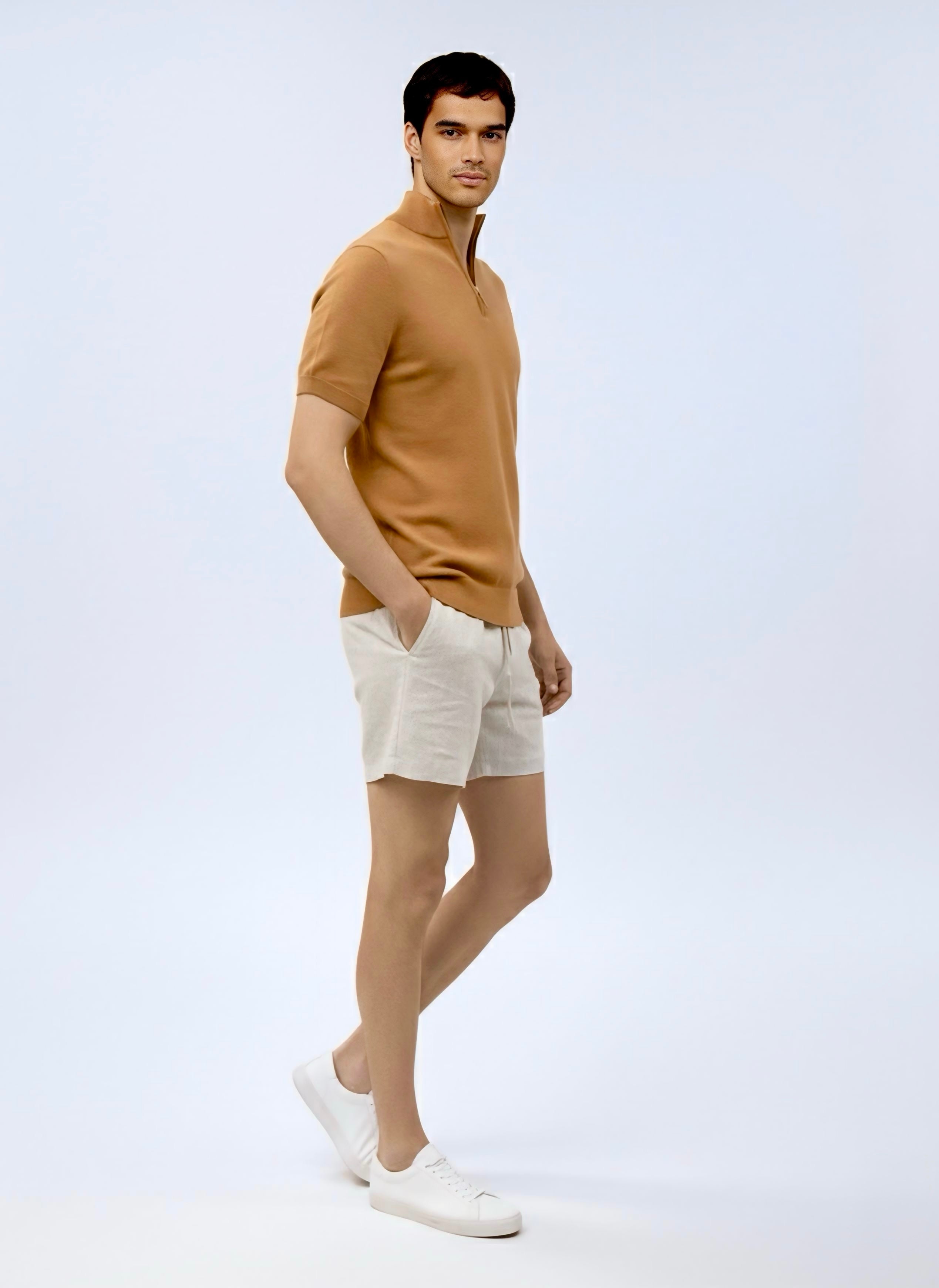 Quarter zip M Thin knit Wool blend -Short sleeve- Camel