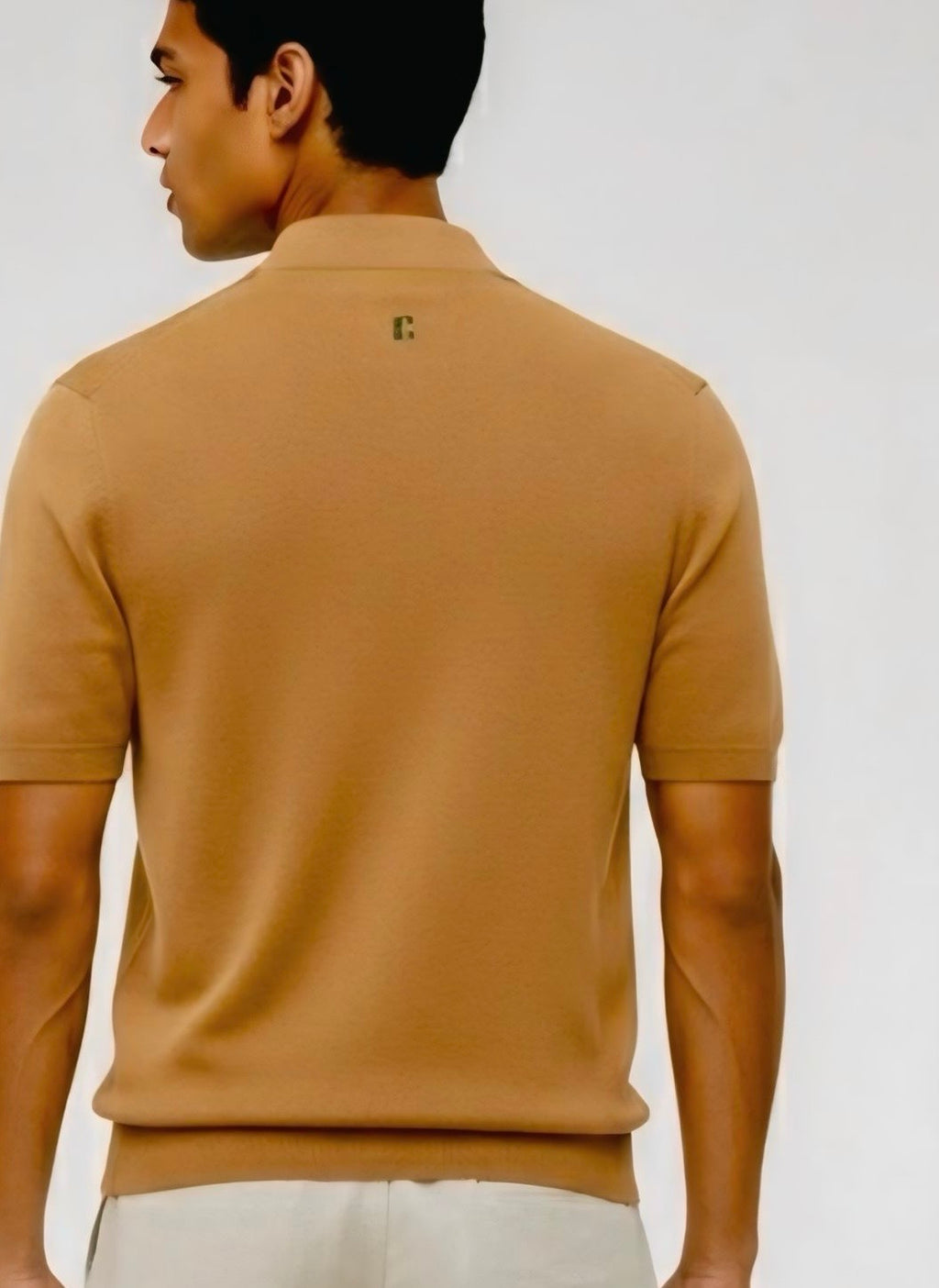 Quarter zip M Thin knit Wool blend -Short sleeve- Camel