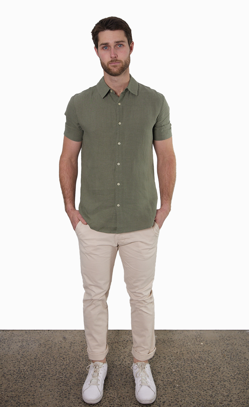 Green Short-Sleeve Linen Shirt