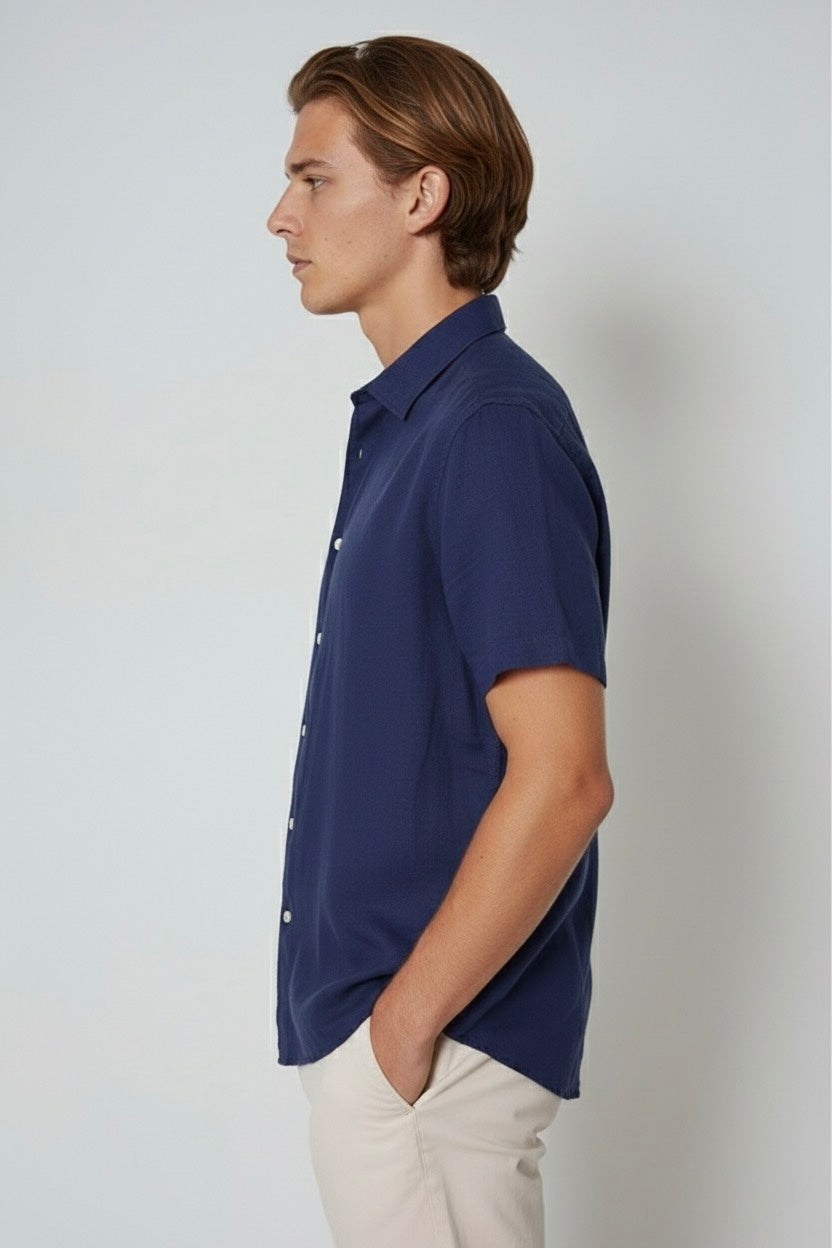 Short-Sleeve Linen Shirt - Navy