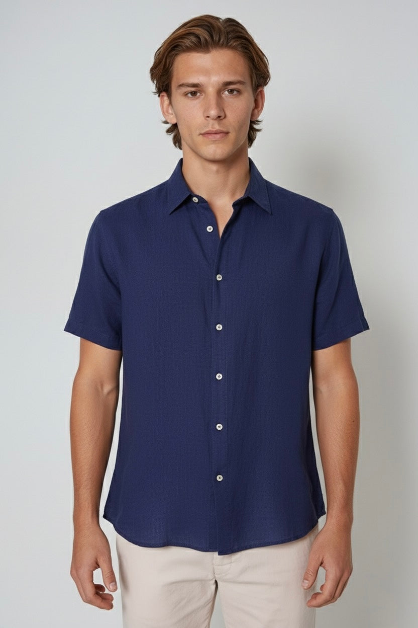 Short-Sleeve Linen Shirt - Navy