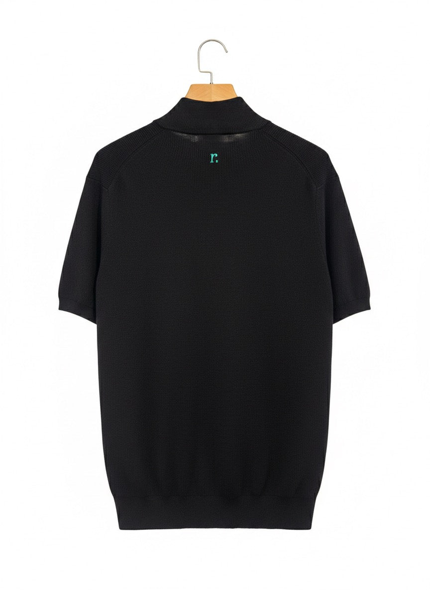 Quarter zip M Thin knit Wool blend -Short sleeve- Black