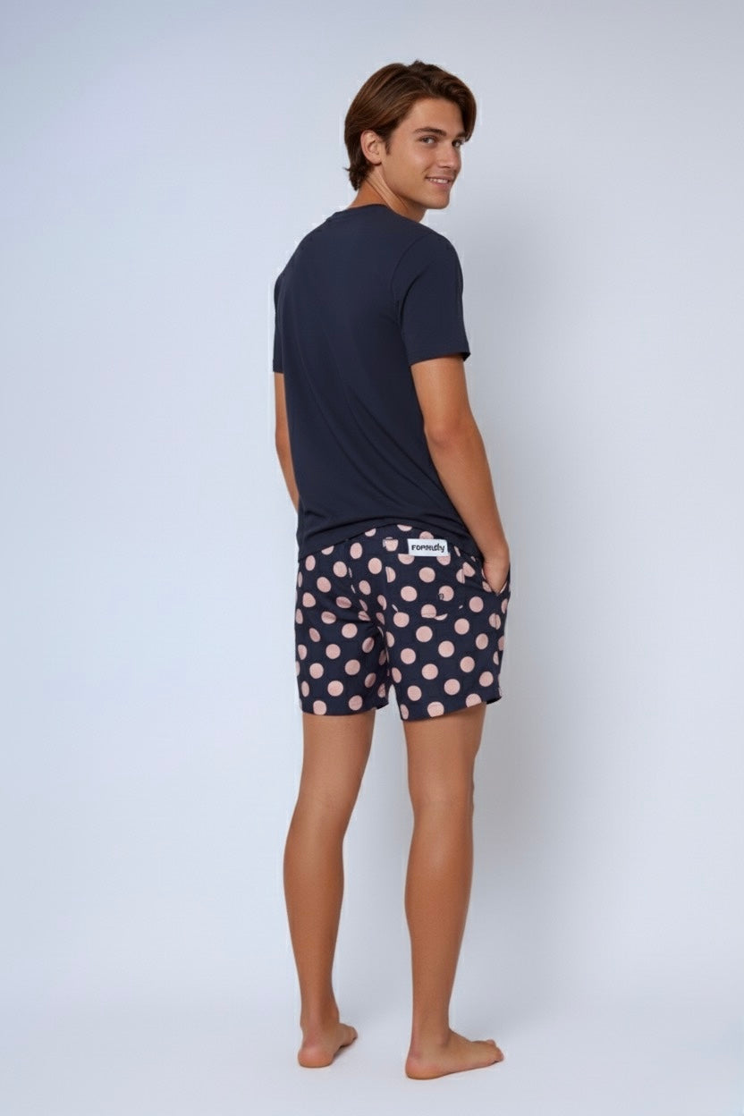 SUNSET SWIM SHORT- Navy/Pink POLKA DOT