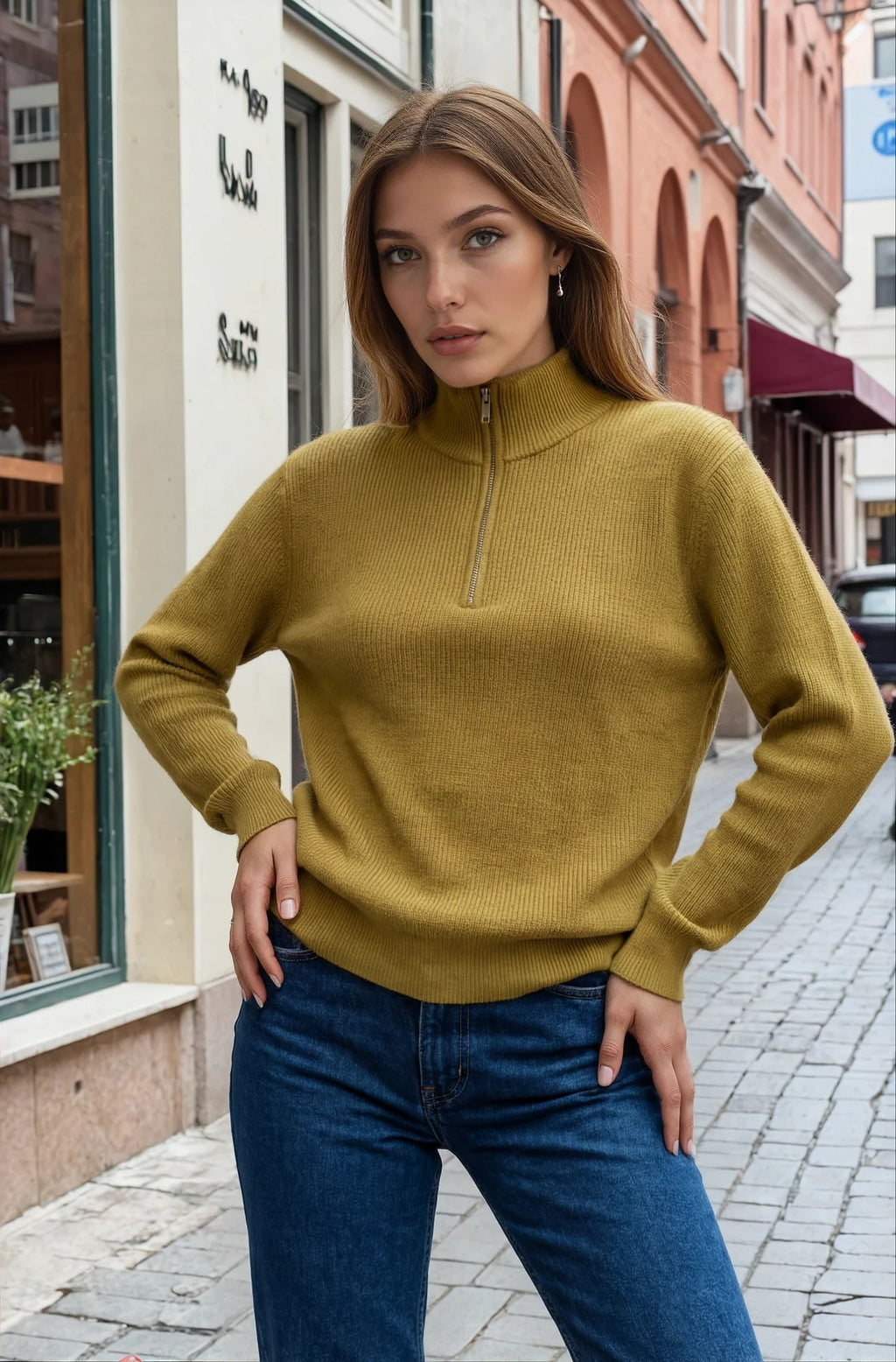 Lila Quarter Zip Knit Wool blend - Long sleeve - Olive