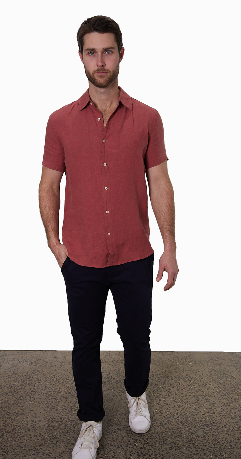 Rust Short-Sleeve Linen Shirt