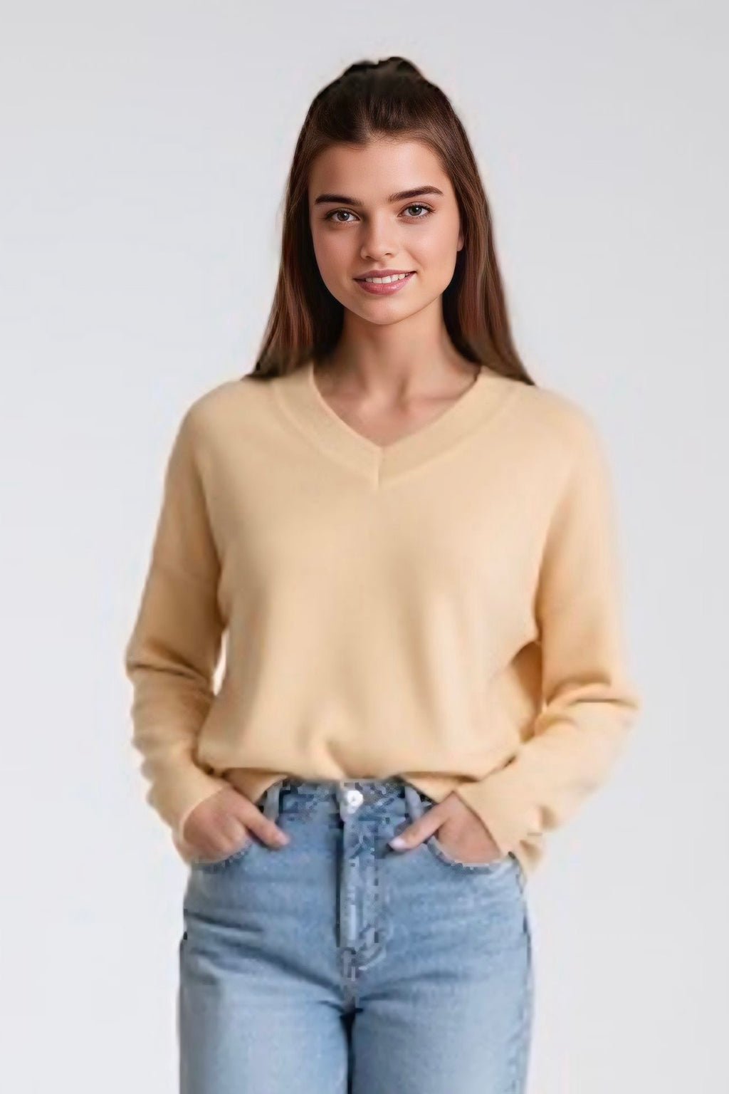 Kerry V-Neck Knit — Soft, warm, and finely woven from 100% recycled materials (60% recycled cotton / 40% recycled polyester). Perfect for autumn–winter layering