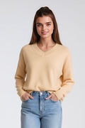 Kerry V-Neck Knit — Soft, warm, and finely woven from 100% recycled materials (60% recycled cotton / 40% recycled polyester). Perfect for autumn–winter layering