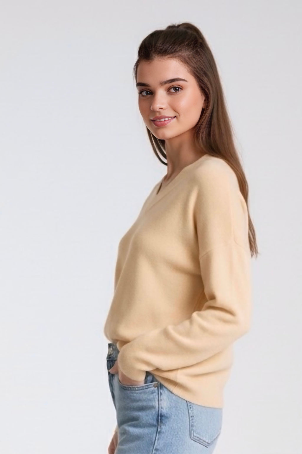 Kerry V-Neck Knit — Soft, warm, and finely woven from 100% recycled materials (60% recycled cotton / 40% recycled polyester). Perfect for autumn–winter layering