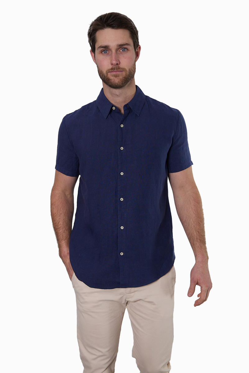 Navy Short-Sleeve Linen Shirt