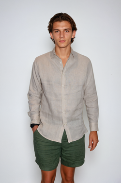 Long-Sleeve Linen Shirt Beige