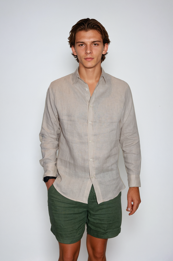 Long-Sleeve Linen Shirt Beige